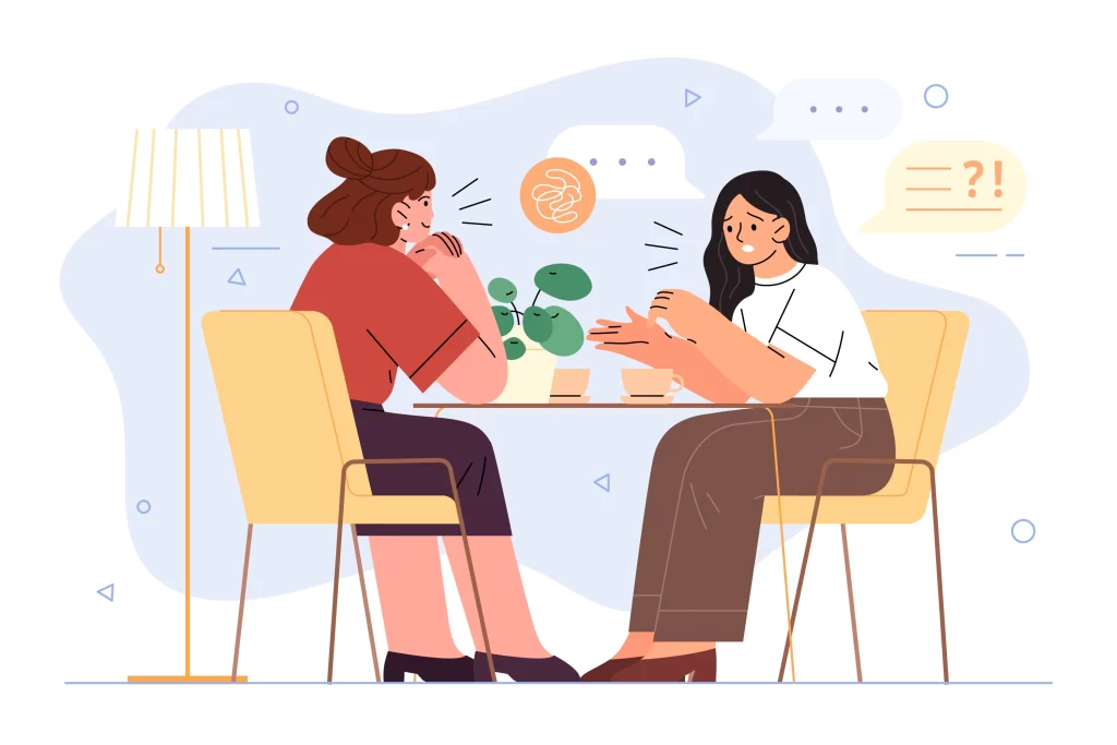 兩名女性坐在桌前交談，其中一人神情困惑，另一人傾聽回應，呈現諮詢或溝通情境插畫